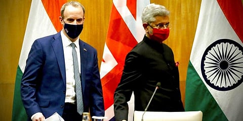 British Foreign Secretary Dominic Raab (L) and Indian Minister of External Affairs Subrahmanyam Jaishankar arrive to make joint press statements after their meeting in New Delhi. (Photo | AP)