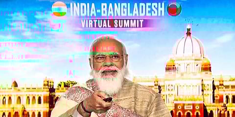 PM Narendra Modi addresses the India-Bangladesh virtual summit in New Delhi. (Photo | PTI)