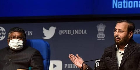 Union Environment Minister Prakash Javadekar (R) and Union Law Minister Ravi Shankar Prasad (L) during a press briefing. (Photo | Parveen Negi, EPS)