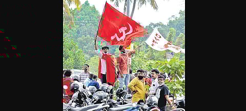 LDF men on a roll as they celebrate victory of their candidate at Thrikkakara as local body poll results were declared. (Photo | A Sanesh, EPS)