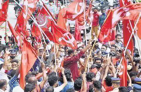 LDF workers celebrating their victory in local body polls in Thiruvananthapuram on Wednesday. (Photo | B P Deepu, EPS)