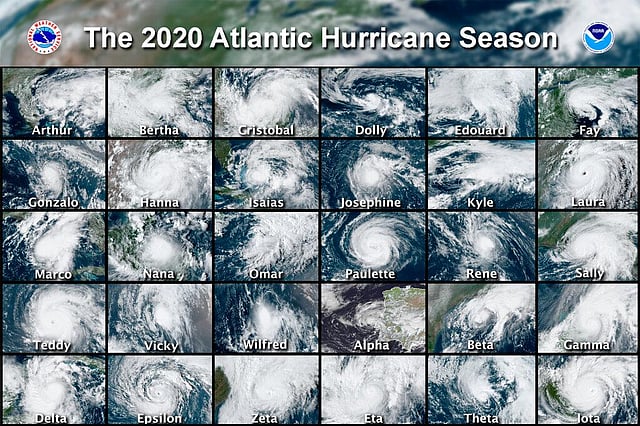 This combination of satellite images provided by the National Hurricane Center shows 30 hurricanes which occurred during the 2020 Atlantic hurricane season. Nature struck relentlessly in 2020 with record-breaking and deadly weather and climate related disasters. From the most named storms in the Atlantic with a record number of them intensifying rapidly to the largest area of the western U.S. states burned by wildfires, to killer floods in Asia and Africa and a hot, melting Arctic, 2020 was more than a disastrous year, it was a year of disasters. (Photo | AP)