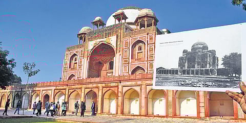 A picture of the Rahim tomb in a shambles before restoration juxtaposed with the restored structure in the backdrop. (Photo | Parveen Negi, EPS)
