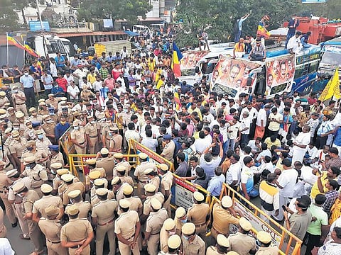 PMK cadre protesting in Perungalathur on Tuesday