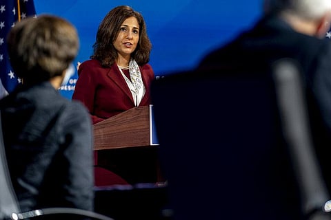 Neera Tanden who President-elect Joe Biden nominated to serve as Director of the Office of Management and Budget speaks at Delaware. (Photo | AP)