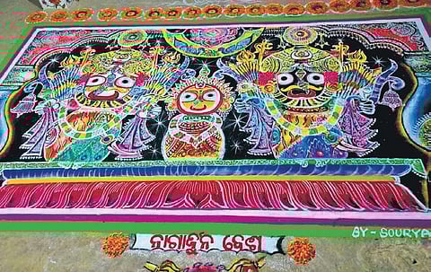 Nayak’s rangoli illustrations on Nagarjuna Besha at Nalibar village in Jagatsinghpur