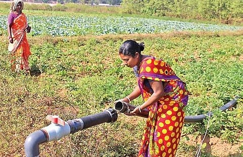 Women connecting pipes for water supply. (Photo | Express)