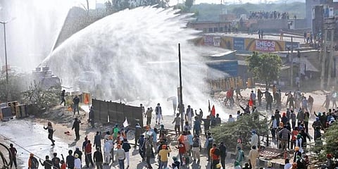 Police use water cannons on protestors opposing the farm bills. (Photo | Shekhar Yadav, EPS)