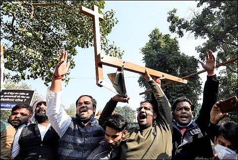 Indian Youth Congress activists protest near the Krishi Bhawan to demand justice for those who lost their lives in the ongoing farmers agitation in New Delhi. (Photo | PTI)