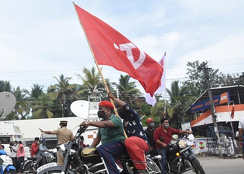 LDF workers celebrating  in front of counting centre at Mar Ivanious Nalanchira in Thiruvananthapuram. (File photo| Deepu BP, EPS)