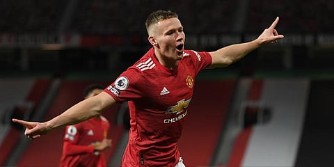 Manchester United's Scott McTominay celebrates his side's second goal during an EPL match against Leeds United at the Old Trafford Stadium. (Photo | AP)