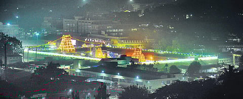 An aerial view of the brightly illuminated Sri Venkateswara temple at Tirumala for Vaikunta Dwara Darshan. (Photo | EPS)
