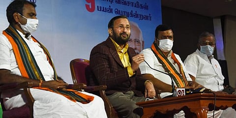 Union Environment Minister Prakash Keshav Javadekar address the press on farmers issue to spread PM Narendra Modi's message in Chennai on Friday. ( Photo | Ashwin Prasath, EPS)