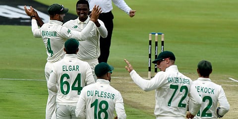 South Africa's Lungi Ngidi celebrates after getting a wicket, on Day 1 of the First Test match vs Sri Lanka at Super Sport Park Stadium. (Photo| AP)