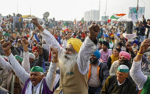 Farmers during the protest against Farm bill's at Ghazipur in New Delhi. (Photo | PTI)