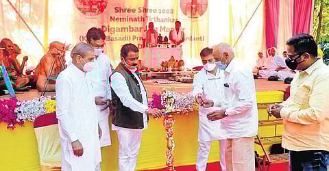 Dignitaries take part in a programme organised to mark the 816th anniversary of the consecration of Kamal Basadi, in Belagavi on Saturday | Express