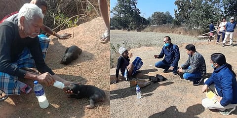 Doctor and experts issuing advisory to the villagers on precaution and preventive measures for caring for the bear cubs. (Photo | Express)