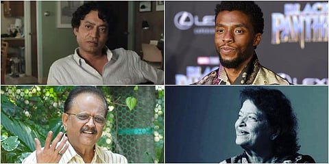(From right clockwise) Chadwick Boseman, Saroj Khan, SP Balasubrahmanyam and Irrfan Khan (File photos| EPS, AP and Twitter)