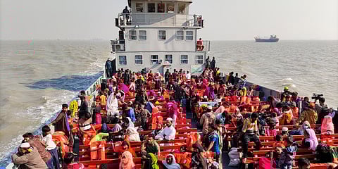 Rohingya refugees travel in a naval ship to be transported to an isolated island in the Bay of Bengal, in Chittagong. (File photo| AP)