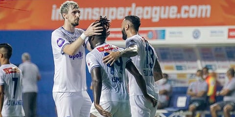 Chennaiyin FC players celebrate after scoring a goal during an ISL match. (Photo | Chennaiyin FC Twitter)