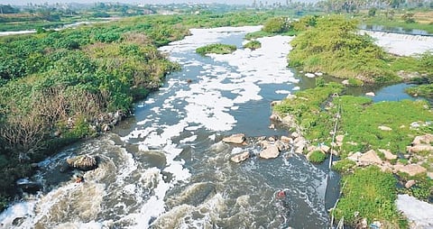 Effluents found seeping from the industries into the nearby Ayyamma Cheruvu in Bollaram industrial area