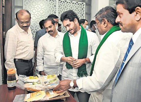 CM YS Jagan Mohan Reddy during the release of third phase instalment of Rythu Bharosa-PM Kisan scheme at his camp office in Tadepalli on Tuesday. (Photo | EPS)