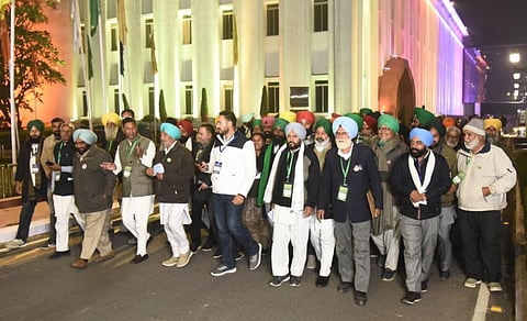 Farmers delegation coming out after a meeting with Union Agricultural minister Narendra singh Tomar at Vigyan bhawan in New Delhi on Wednesday. (Photo | Parveen Negi, EPS)