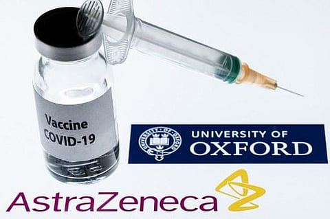 A syringe and a bottle reading 'Covid-19 Vaccine' next to AstraZeneca company and University of Oxford logos. (Photo | AFP)