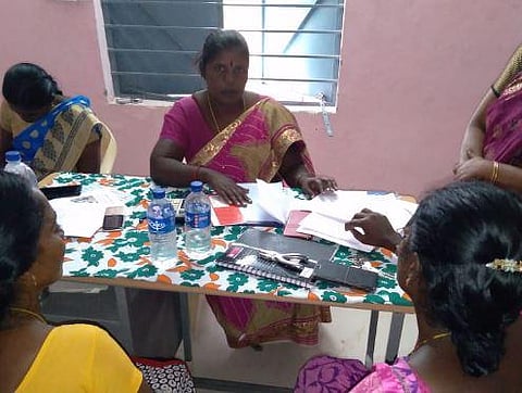 Dalit woman panchayat president M Muthulakshmi in her office (Photo | EPS)