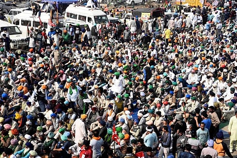 Farmers during their Delhi Chalo protest against new farm laws at Delhi-Haryana Singhu border in New Delhi on Thursday Dec. 3 2020. (Photo | Parveen Negi/EPS)