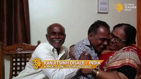 Ranjitsinh Disale with his parents when the prize was announced. (Photo | YouTube screengrab, Global Teacher Prize)