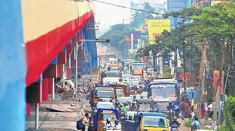 Congested traffic at Kundannoor junction on the NH66. Despite the opening of new flyovers, there is no respite from traffic on the stretch. Experts now say only a  bypass will solve the situation 