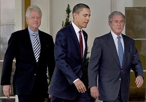 Former US Presidents Bill Clinton, Barack Obama and George W. Bush. (Photo| AP)
