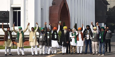 Farmers delegation at Vigyan Bhawan for their meeting with Agriculture Minister Narendra Singh Tomar in New Delhi. (Photo | Parveen Negi, EPS)