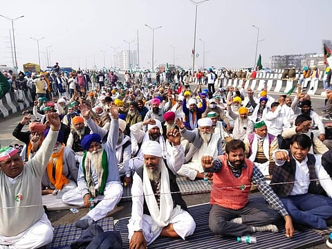 Farmers protest against Farm Laws at Delhi UP Border near Ghazipur on Saturday. (Photo | Parveen Negi/EPS)