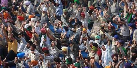 Farmers shouting slogans during their Delhi Chalo protest march against the new farm laws at Singhu border in New Delhi. (Photo | Shekhar Yadav, EPS)