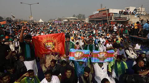 Farmers from Tamil Nadu participate in Farmers protest march against the new farm laws at Singhu border in New Delhi on Sunday. (Photo | Shekhar Yadav/EPS)