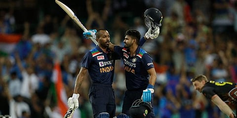 India's Hardik Pandya (L) and Shreyas Iyer celebrate their win in the second T20 match against Australia at the Sydney Cricket Ground. (Photo | AP)