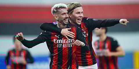 AC Milan players Samu Castillejo (L) and Jens Petter Hauge (R) celebrate a goal during the Serie A match against Sampdoria. (Photo | AP)