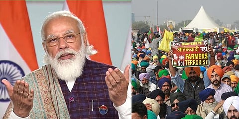 PM Narendra Modi (L) Protesting farmers in the national capital. (Photos | PTI, Shekhar Yadav/EPS)
