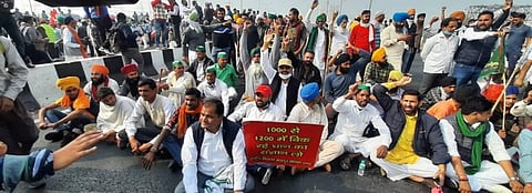 Farmers block Delhi-UP border during their protest against Centres new farm laws, in New Delhi on Tuesday. (Photo | Shekhar Yadav/EPS)
