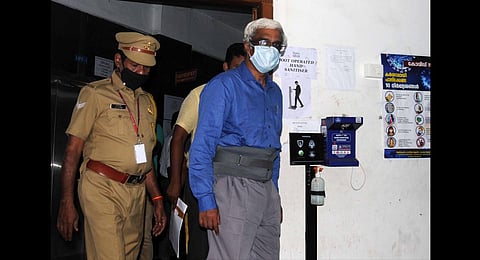 M Sivasankaran coming out after being produced at Additional Chief Judicial Magistrate Court (Economic Offence) in Kochi. (Photo | A Sanesh, EPS)