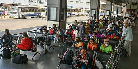 Passengers waiting at bus station as APSRTC services paused its services during Bharat Bandh in Vijayawada on Tuesday. (Photo| Prasant Madugula, EP