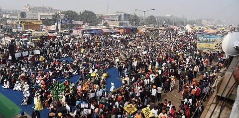 Farmers at Singhu border during their ongoing protest against the Centres farm reform laws in New Delhi Tuesday Dec. 8 2020. (Photo | Parveen Negi/EPS)