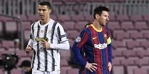 Cristiano Ronaldo celebrated after scoring two penalties to lead Juventus to a 3-0 win at Barcelona on Tuesday, one-upping Lionel Messi in the renewal of the head-to-head matchup between the two greatest players of their generation. (Photo | AFP)