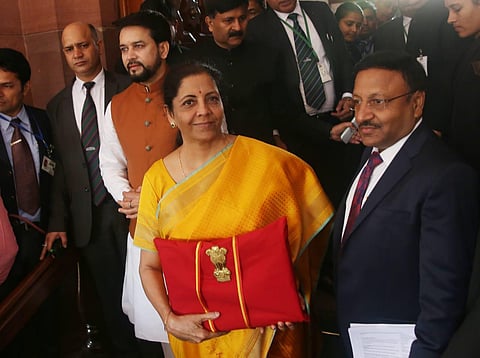 Finance Minister Nirmala Sitharaman reaches parliament. (Photo | Shekhar Yadav)