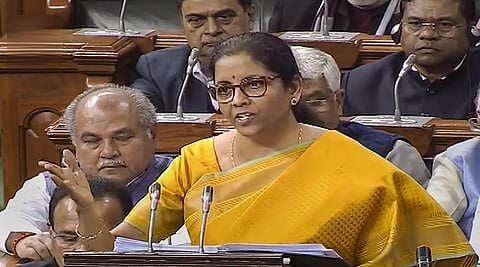 Finance Minister Nirmala Sitharaman presents the Union Budget 2020-21 in the Lok Sabha in New Delhi Saturday Feb. 1 2020. (Photo | LSTV)