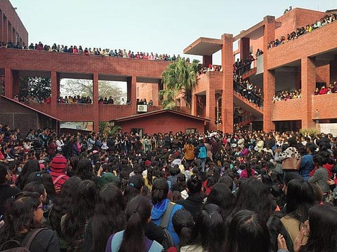 Students of Gargi College held protests after the mass molestation during their college fest 'Riverie'. (Photo | Twitter)