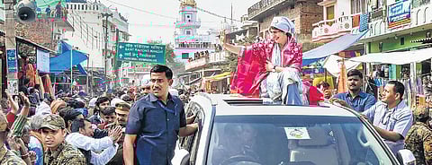 Congress general secretary Priyanka Gandhi Vadra during a roadshow on Guru Ravidas’ birth anniversary in Varanasi . (Photo | PTI)