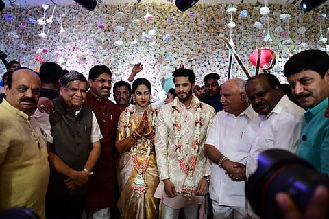Karnataka CM BS Yediyurappa along with his ministers attends the engagement ceremony of H D Kumaraswamy's son Nikhil. (Photo | Shriram BN, EPS))